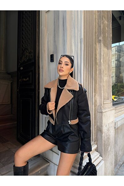 Ekim Store Παλτό Suede Crop - Λούτρινο γιακά