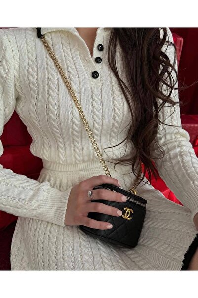 Lusin Női pólógallér, stílusos pulóver szoknya dupla kötöttáru szett - Ecru