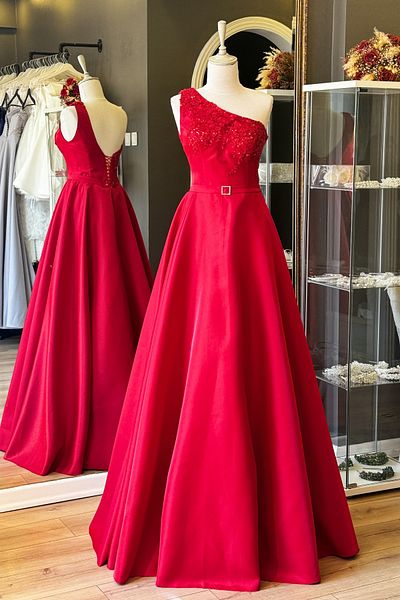 Lenta Moda One Shoulder Red Lace Maxi Satin Evening Dress - Evening Gown