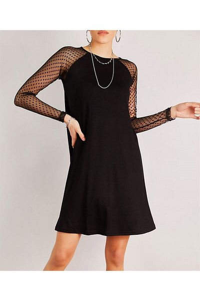 AQE FASHION Γυναικείο φόρεμα από τούλι πουά μαύρο μανίκι
