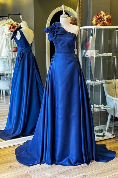 Lenta Moda Navy Blue One Shoulder Maxi Satin Evening Dress - Light Evening Dress