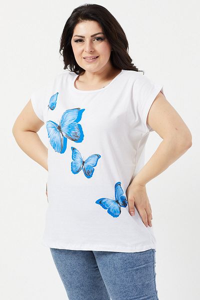 DİLARAS Plus Size Crew Neck Butterfly Printed Blouse