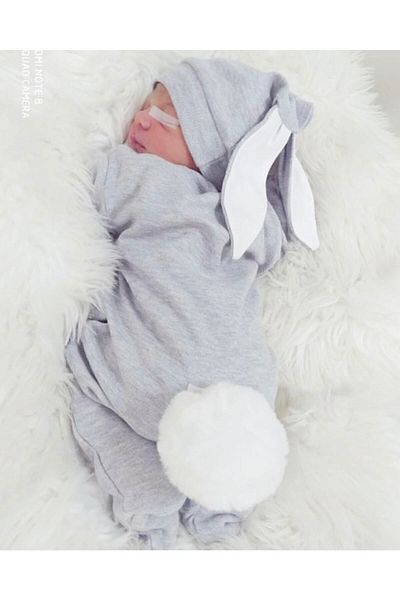 Minimus Newborn Baby Girl and Boy Rabbit Jumpsuit Hospital Discharge Cotton Newborn Baby Jumpsuit Set Gray