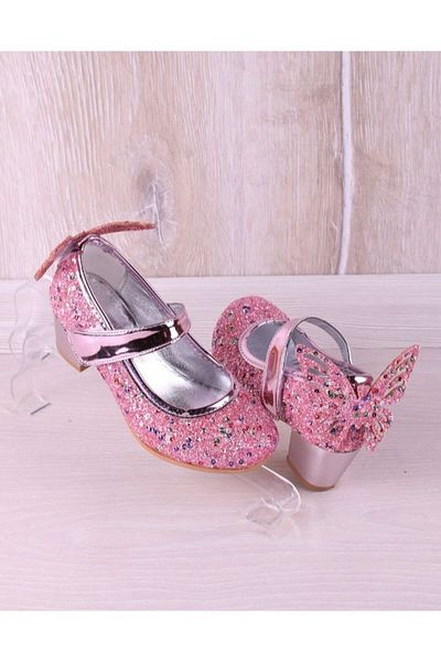 PİNKBLUEKİDSS Pantofi pentru fete cu toc roz brodat cu piatra de sticla sparta