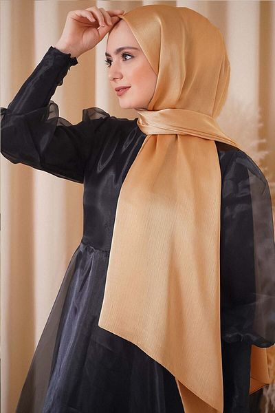 Octopus Evening Dress Janjan Shiny Satin Textured Hijab Evening Dress Chiffon Yellow Gold Shawl