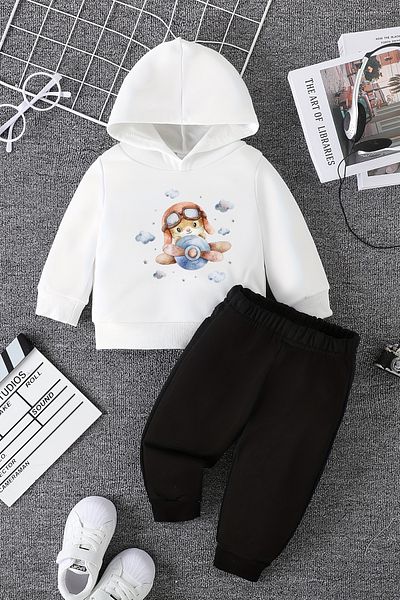 ADABEBEK Flying Bear Printed Baby Boy Set - Hooded, New Season 10252