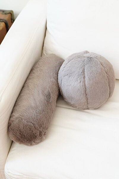 sevaradekor وسادة كرة قطيفة رمادية - وسادة أسطوانية مكونة من قطعتين