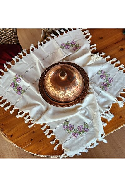 vengri 90cmx90cm Kanaviçe İşlemeli Simli,Kenarları Püskül Buldan İşi Fiskos M...