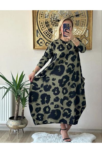 KLEERMAKER Women's Plus Size Crystal Fabric Patterned Long Sleeve Khaki Dress