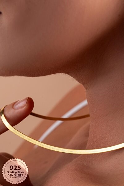 CAN SİLVER İtalyan Yassı  Zincir 14 Ayar Altın Kaplama Kolye  3MM  925 Ayar Gümüş Kadın Kolye