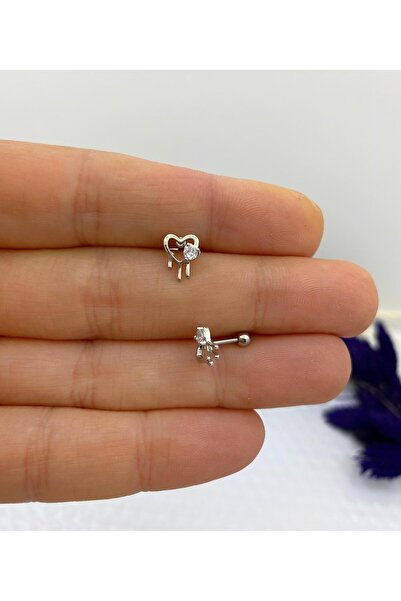 Arescollection ZİRKON TAŞLI KALP FİGÜRLÜ TRAGUS HELİX KIKIRDAK KULAK MEMESİ L...