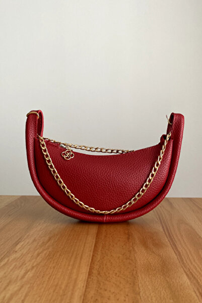 Niora Kadın Kırmızı Baget Çanta Suni Deri Fermuarlı Zincir Askılı