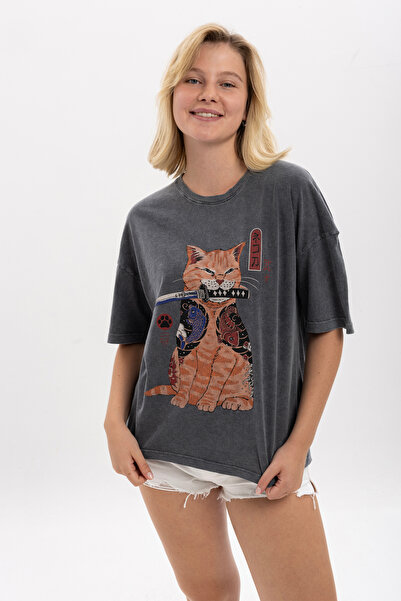 S-Ponder تي شيرت قطني كبير الحجم برقبة دائرية وطبعة قطة - نسائي