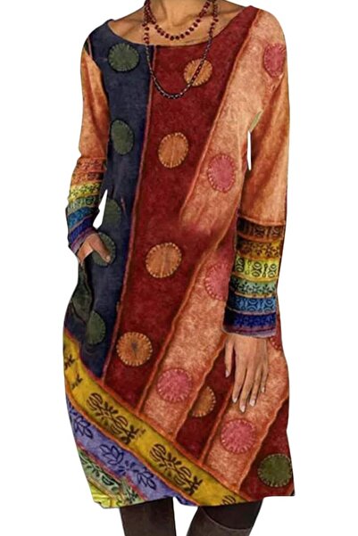 ARDSU Kadın Elbise Uzun Kollu Etnik Baskı Patchwork Cepli  Elbise