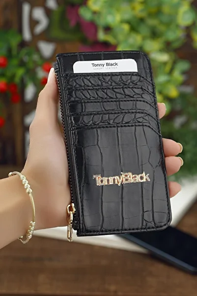 Tonny Black Originální dámský stylový a tenký držák na karty Croco se vzorem krokodýlí kůže s přihrádkou na papírové peníze na zip, černá