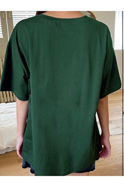 Genel Markalar Unisex Zümrüt Yeşil Bisiklet Yaka Pamuk Oversize Boyfriend T-shirt