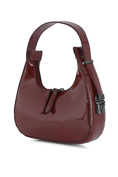 Tonny Black Original New Season Cherry Red Shiny Patent Leather Baguette Model Single Eyed Stylish Handbag and Shoulder Bag Claret Red