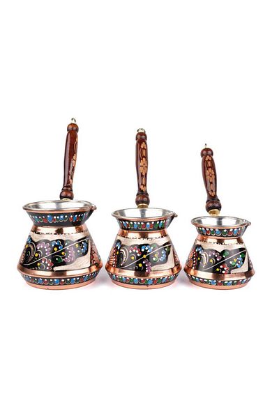 Zinnun طقم وعاء قهوة نحاسي مطرز من المينا - تشابي 3 قطع