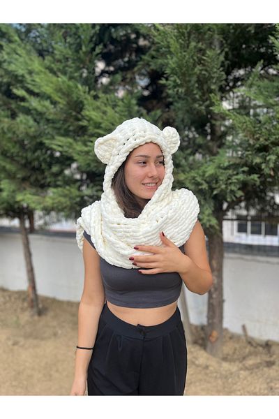 WUDİ Eșarfă combinată cu design alb umflat cu detaliu drăguț pentru urechi