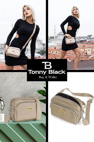 Tonny Black Originální dámská dvouoká pohodlný sloupkový popruh Diagonální nastavitelný popruh Vodotěsná taška přes rameno