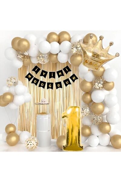Bkmc Kral Taçlı 1 Yaş Doğum Günü Gold Beyaz Balon Seti