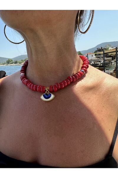 byebruketenci Kırmızı Bodrum Cam Boncuklu Porselen Göz Şeklinde Nazar Boncuklu Kolye.