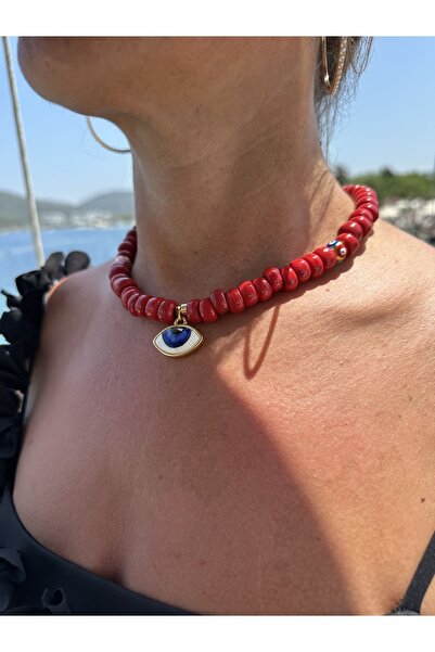 byebruketenci Kırmızı Bodrum Cam Boncuklu Porselen Göz Şeklinde Nazar Boncuklu Kolye.