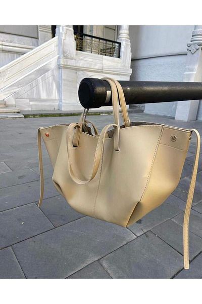 Mercan Stores Women's Dark Cream Wallet Detailed Snap Closure Large Tote Phenomenon Shoulder Bag