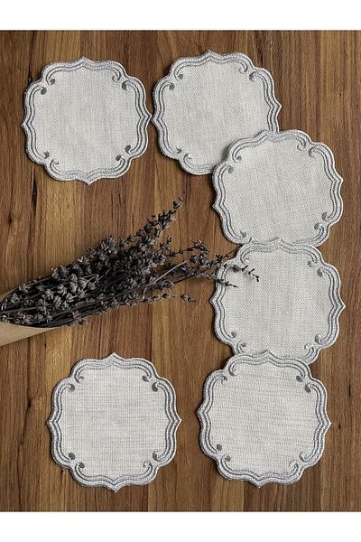 NURHAN HOME COLLECTION 6 bucăți șervețel de prezentare pentru cocktail, cu model ondulat, brodat de culoare argintie