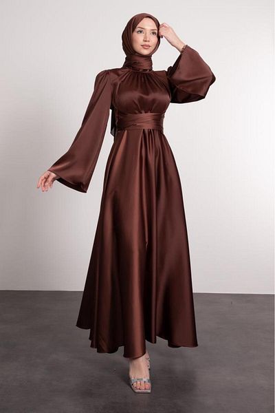 Lamia Giyim Bitter Brown Satin Hijab Evening Dress - Spanish Sleeve and Waist Wrapped