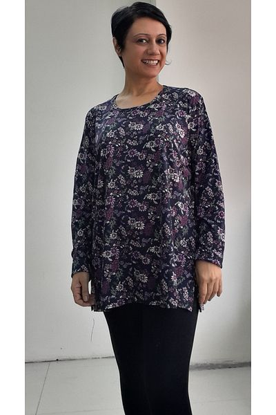 Mertcan Butik Combed Cotton Viscose T-Shirt - Navy Blue, Plum Flower Pattern