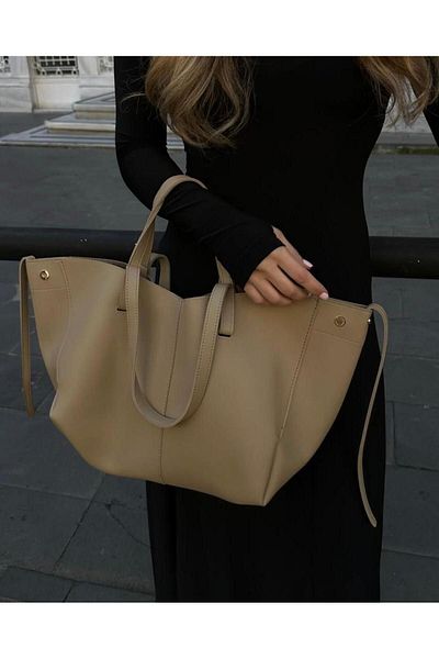 Mercan Stores Women's Dark Cream Wallet Detailed Snap Closure Large Tote Phenomenon Shoulder Bag