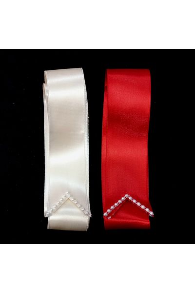 yörük tuhafiye Red Cream Bride's Groom - Jewelry Ribbon with Pearls, Henna Night Mallet