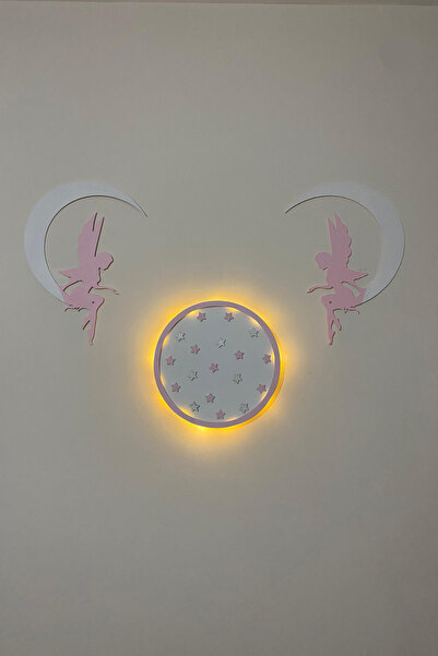 Ahşaplan Ledli Yuvarlak Ay Melek Duvar Süsü | Bebek Odası Duvar Süsü