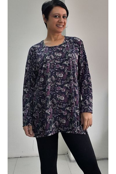 Mertcan Butik Combed Cotton Viscose T-Shirt - Navy Blue, Plum Flower Pattern
