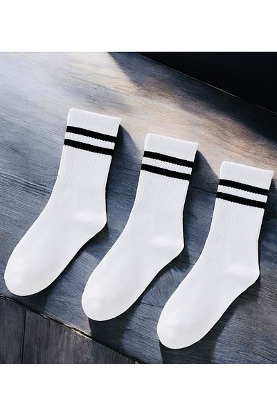 Çorabistaan Unisex White Hooped Tennis College Sports Socks - Cotton, Comfortable High Quality
