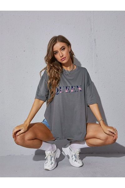 FECCY Queen Printed Oversize Floral Women's Anthracite T-Shirt