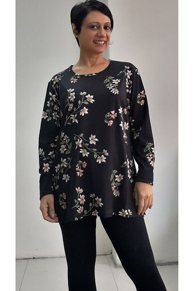 Mertcan Butik Combed Viscose Black Floral T-Shirt