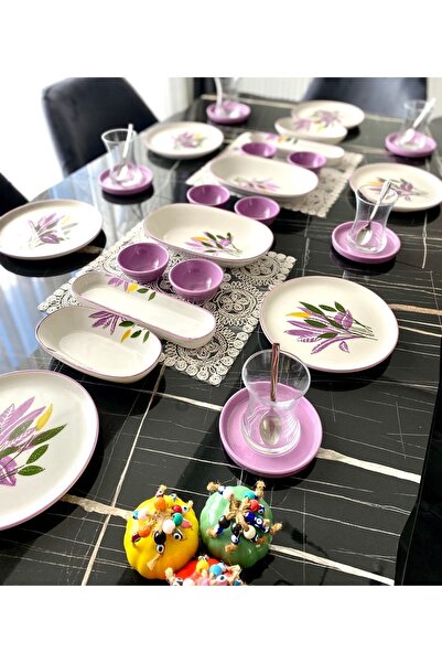Yiğit Seramik Züccaciye Başak Lila 6 Kişilik 24 Parça Kahvaltı Takımı