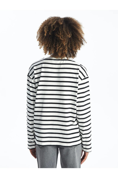 LC Waikiki Ecru Striped Crew Neck Long Sleeve Women's T-Shirt - Xside