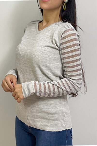 Jerusalema Kadın Krem Renkli, Kolu Transparan Detaylı Triko Kazak