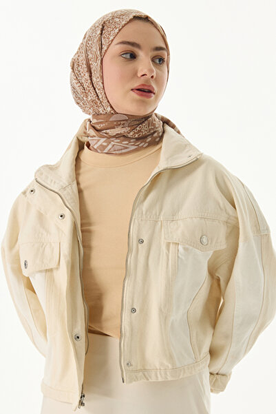 Starpink Βαμβακερό σάλι με γεωμετρικό σχέδιο λουλουδιών σε μπεζ χρώμα - ADALİE ST-RP4NK