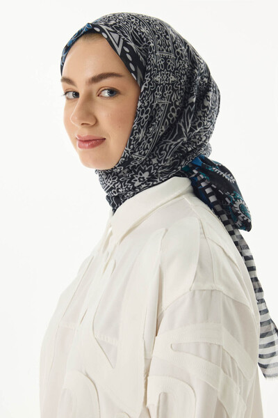 Starpink Şal Adalie din bumbac petrol cu model floral geometric - ST-RP4NK