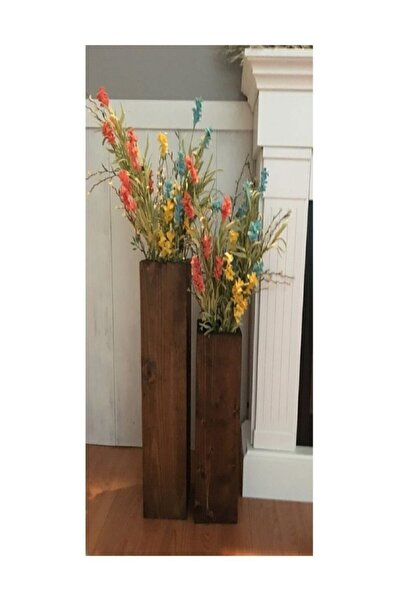 evbiziz Açık Ceviz Doğal Ahşap Dekoratif Çiçeklik 2 Li 50cm 40cm Biblo Vazo