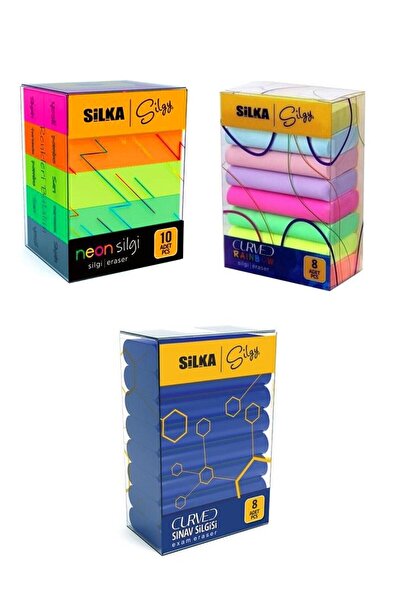 Silka 3 Lü Silgi Seti(8 Li Curved Sınav+ 8 Li Curved Rainbow+ 10 Lu Neon Silgi)