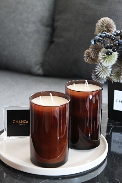 CHANZA HOME 2'li Büyük Boy 1000 Gr Kahve Amber Mum Pudra Kokulu Mum Seti 3 Fi...