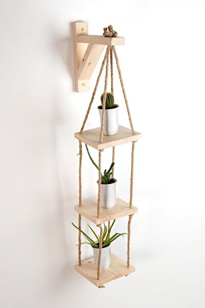 evbiziz Doğal Ahşap Çam Ipli Dekoratif Uçan Raf Saksılık Çiçeklik