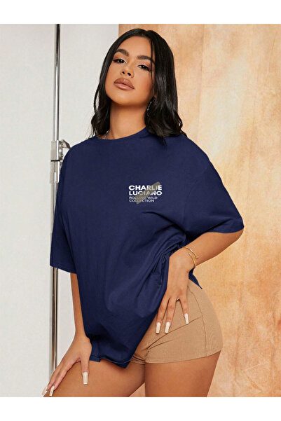 FECCY Tricou unisex cu imprimeu Charlie Luciano, supradimensionat, albastru b...