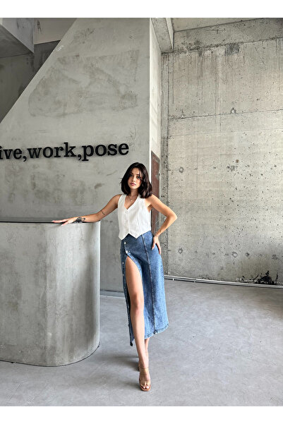 OXEDCO Light Blue Lycra Maxi Denim Women's Skirt - Buttoned