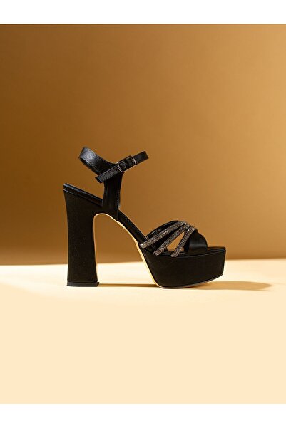 Alemdar Shoes DİNA Black Satin Stone Detail Heeled Women's Shoes